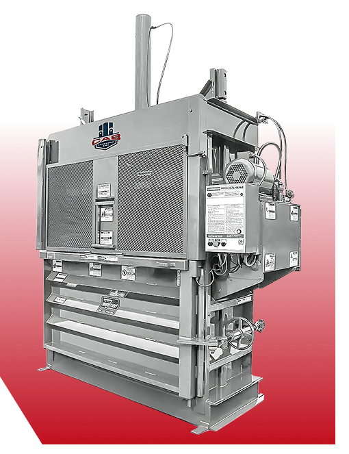 A grey industrial cardboard baler machine against a red and white gradient background.
