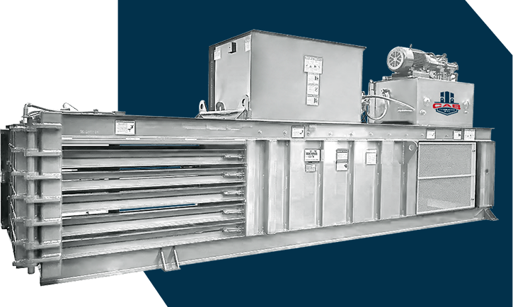 A white industrial trash compactor against a dark blue background with the CAB logo on the side.