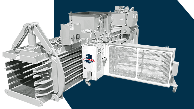 A white industrial trash compactor against a dark blue background with the CAB logo on the side.