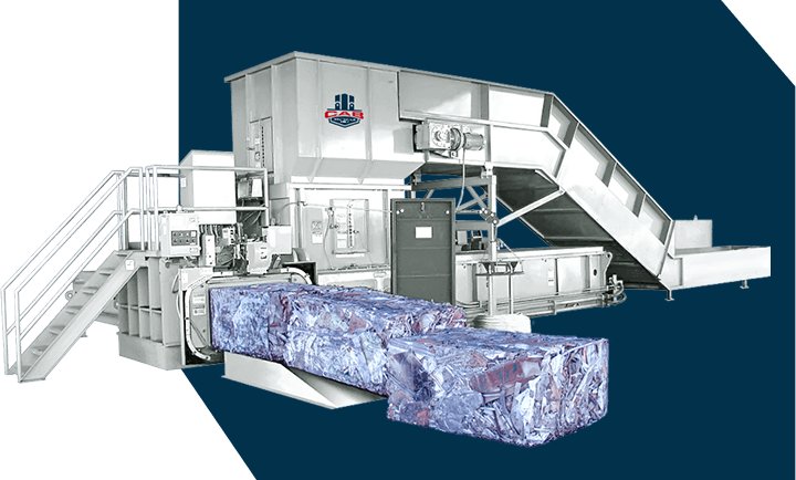 A white industrial trash compactor against a dark blue background with the CAB logo on the side.