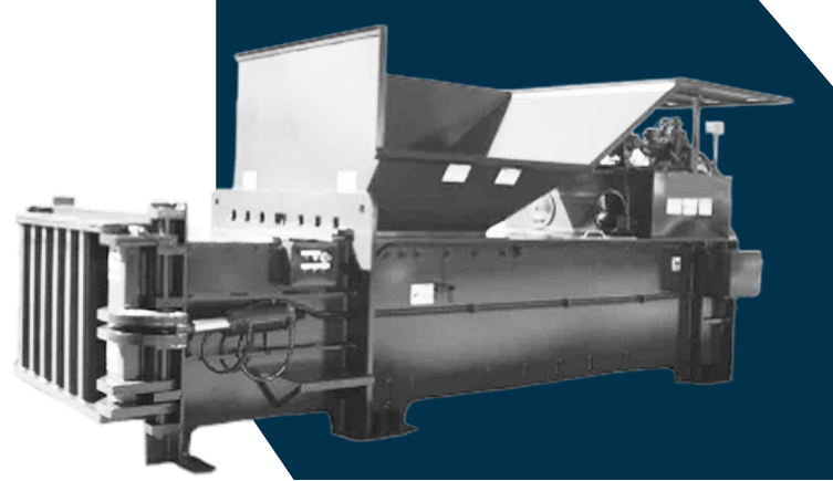 A white industrial trash compactor against a dark blue background with the CAB logo on the side.