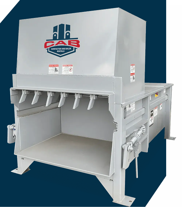 A white industrial trash compactor against a dark blue background with the CAB logo on the side.