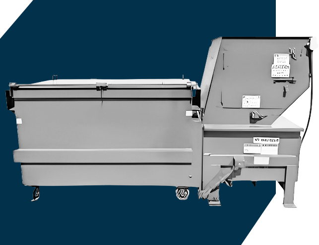 A white industrial trash compactor against a dark blue background with the CAB logo on the side.