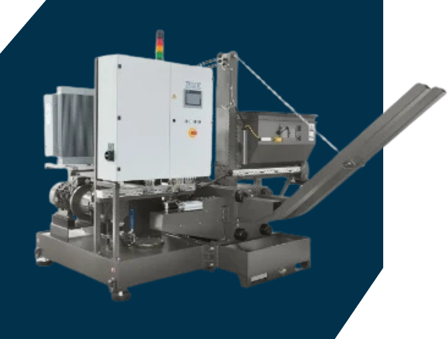 A white industrial trash compactor against a dark blue background with the CAB logo on the side.