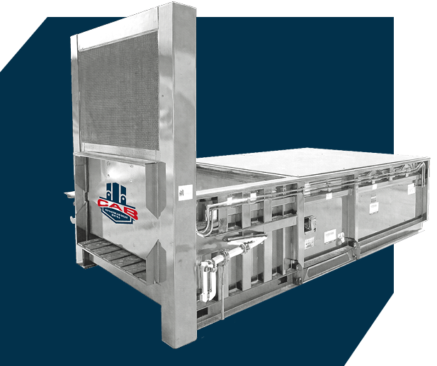 A white industrial trash compactor against a dark blue background with the CAB logo on the side.
