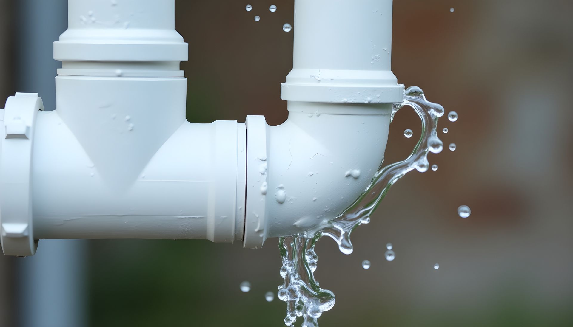White PVC pipe fitting with water spraying from a leak.