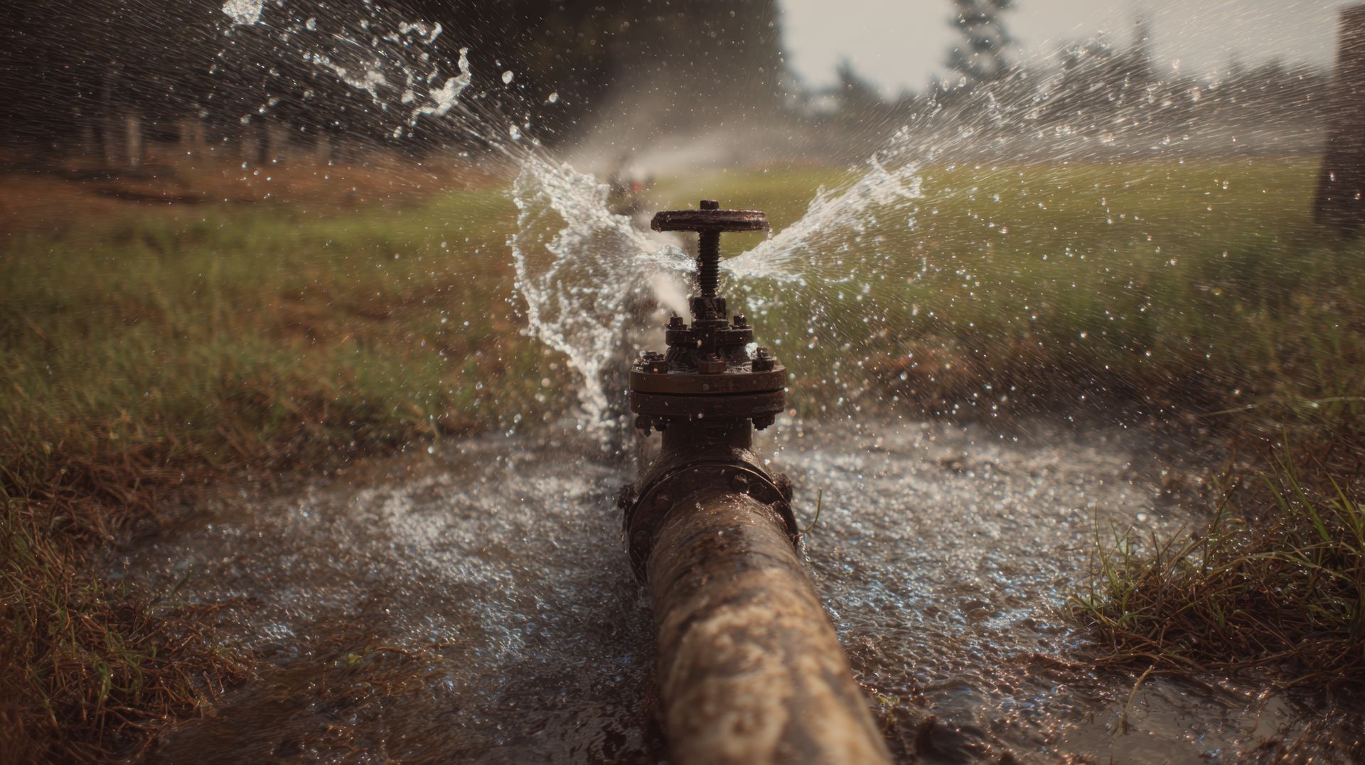 Leakage valve water pipe spraying in field, burst irrigation valve releasing spray with wet soil and grass, outdoor plumbing damage with high pressure splash Leakage valve water pipe spraying in field, burst irrigation valve releasing spray with wet soil and grass, outdoor plumbing damage with high pressure splash