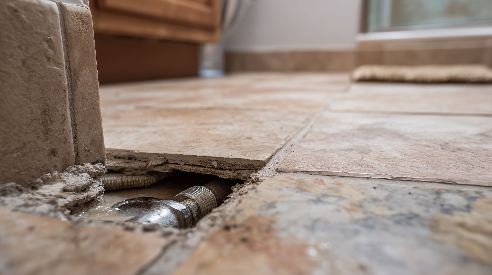 Cracked tile floor with a hole exposing a pipe, near a wall inside a room Cracked tile floor with a hole exposing a pipe, near a wall inside a room
