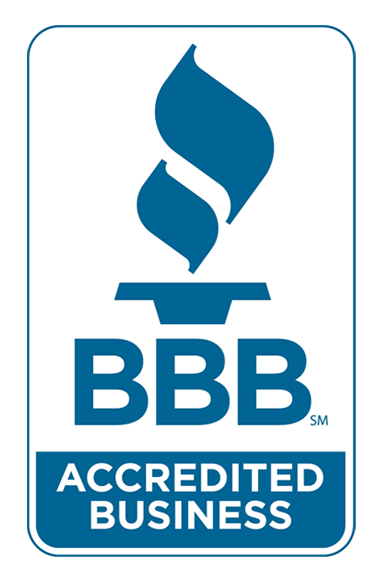 The logo for bbb accredited business is blue and white