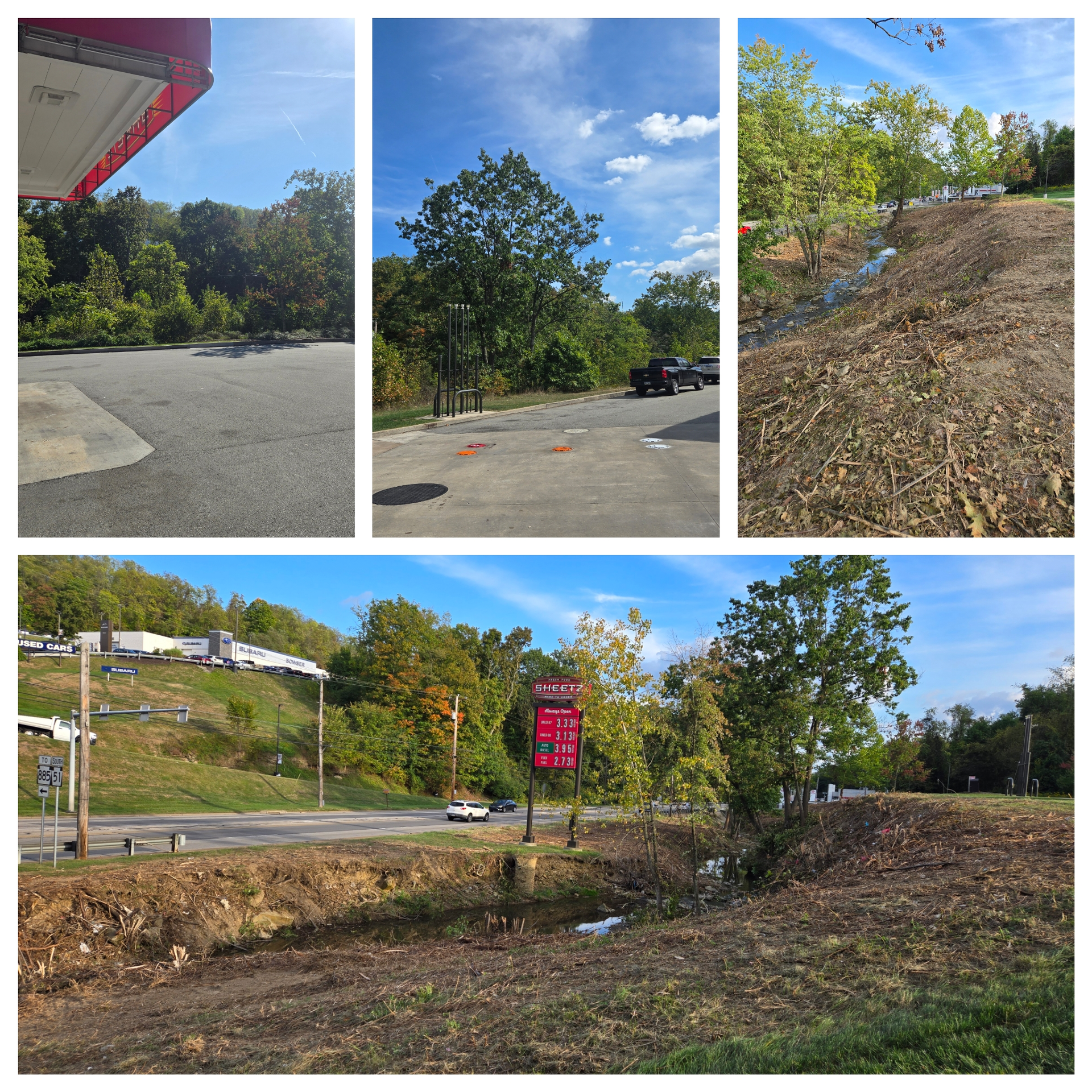 A collage of photos shows a gas station a parking lot and trees — Bridgeville, PA — MC Landscaping