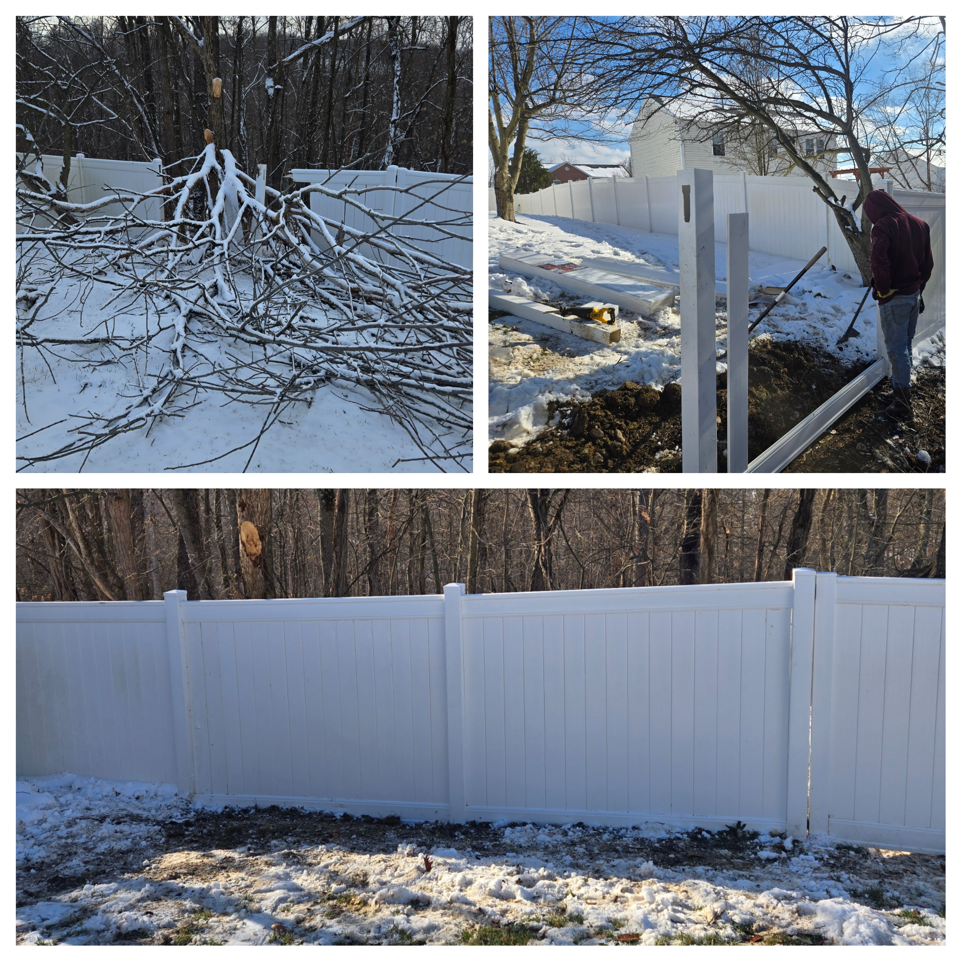 A white fence is surrounded by snow and trees — Bridgeville, PA — MC Landscaping