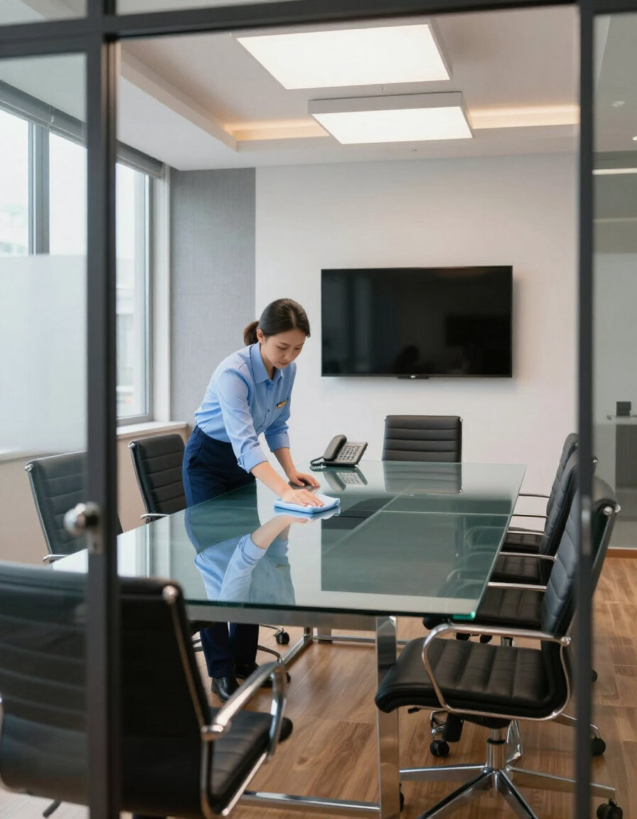 Person cleaning a glass conference table in a modern meeting room with a wall-mounted TV.