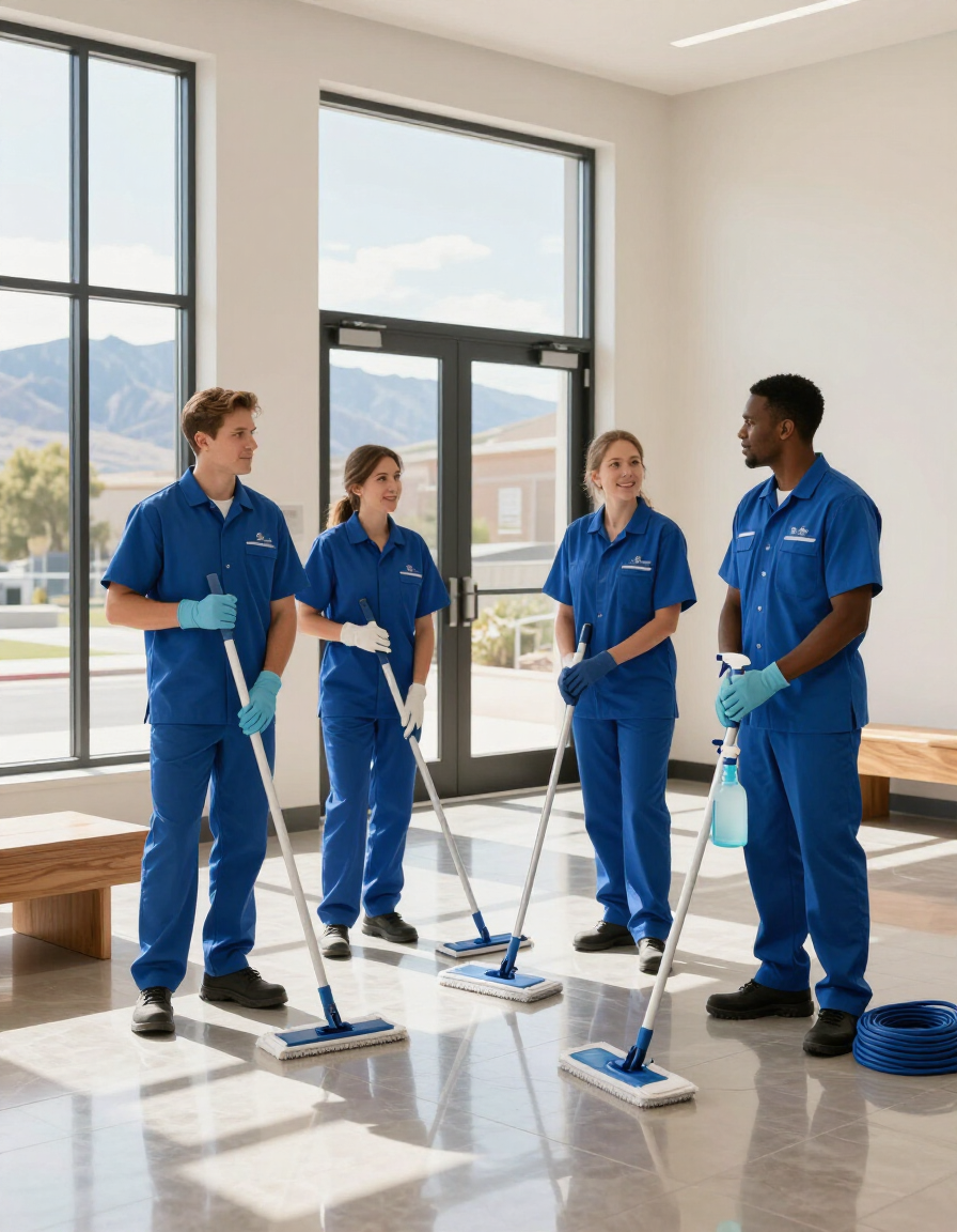 Four blue-uniformed cleaners mopping a bright, empty room with large windows