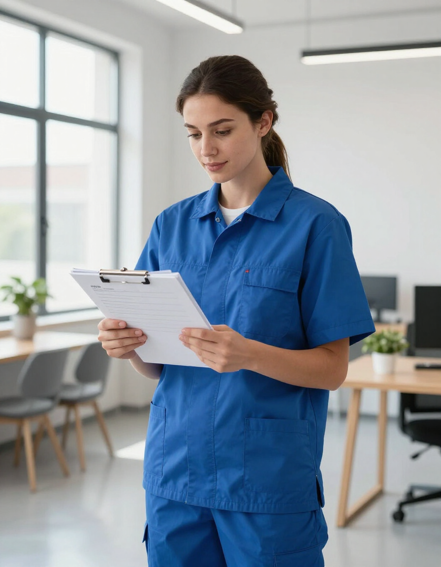 Person in blue workwear reading a clipboard in a bright office.