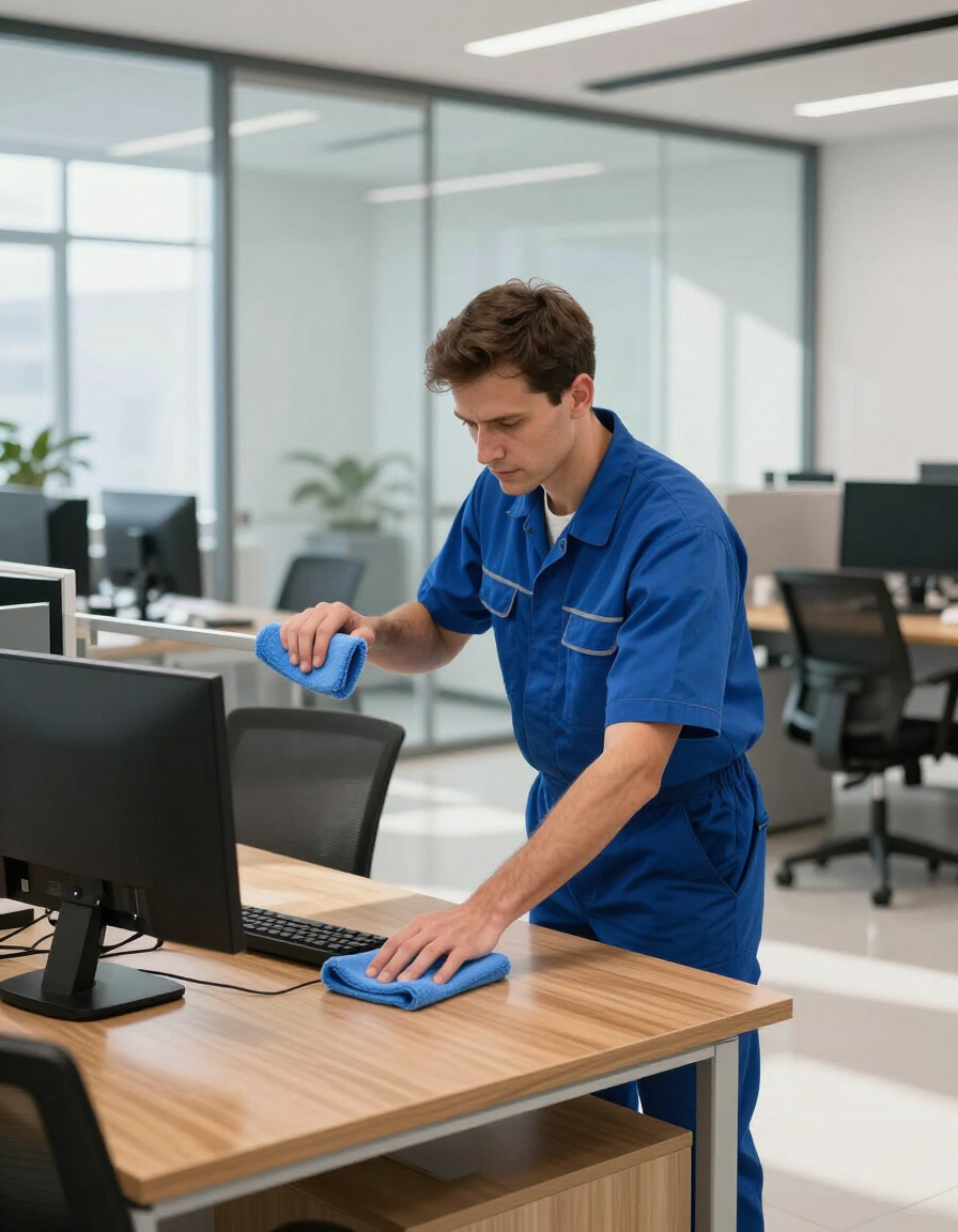 Office worker cleaning a desk with blue cloths beside a computer in a bright open-plan office