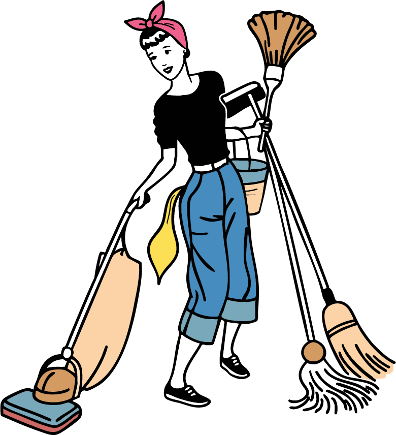 Person cleaning with multiple tools, holding a vacuum, mop, broom, and duster in a cartoon illustration