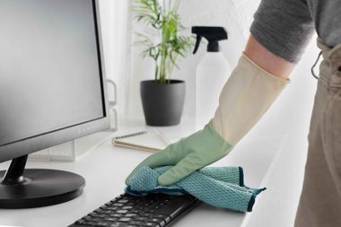 Gloved hand wiping a computer keyboard with a green cloth on a desk