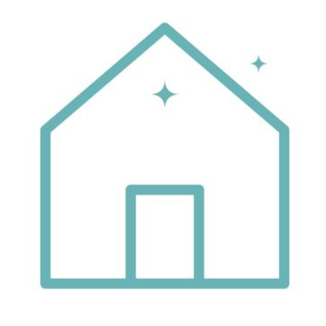 Teal outline of a house icon with a small door and sparkles on a white background