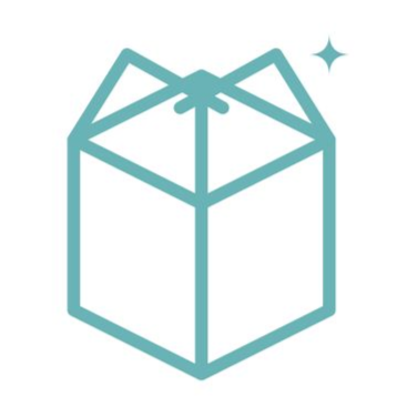 Teal outline of an open gift box with a small sparkle icon