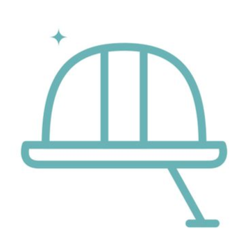 Teal line drawing of a hard hat with a small spark icon