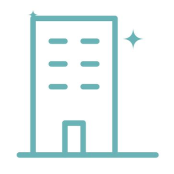 Teal outline of a building with windows and a door, plus a small sparkle icon.