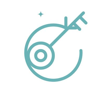 Teal circular icon with an arrow and small sparkle on a white background