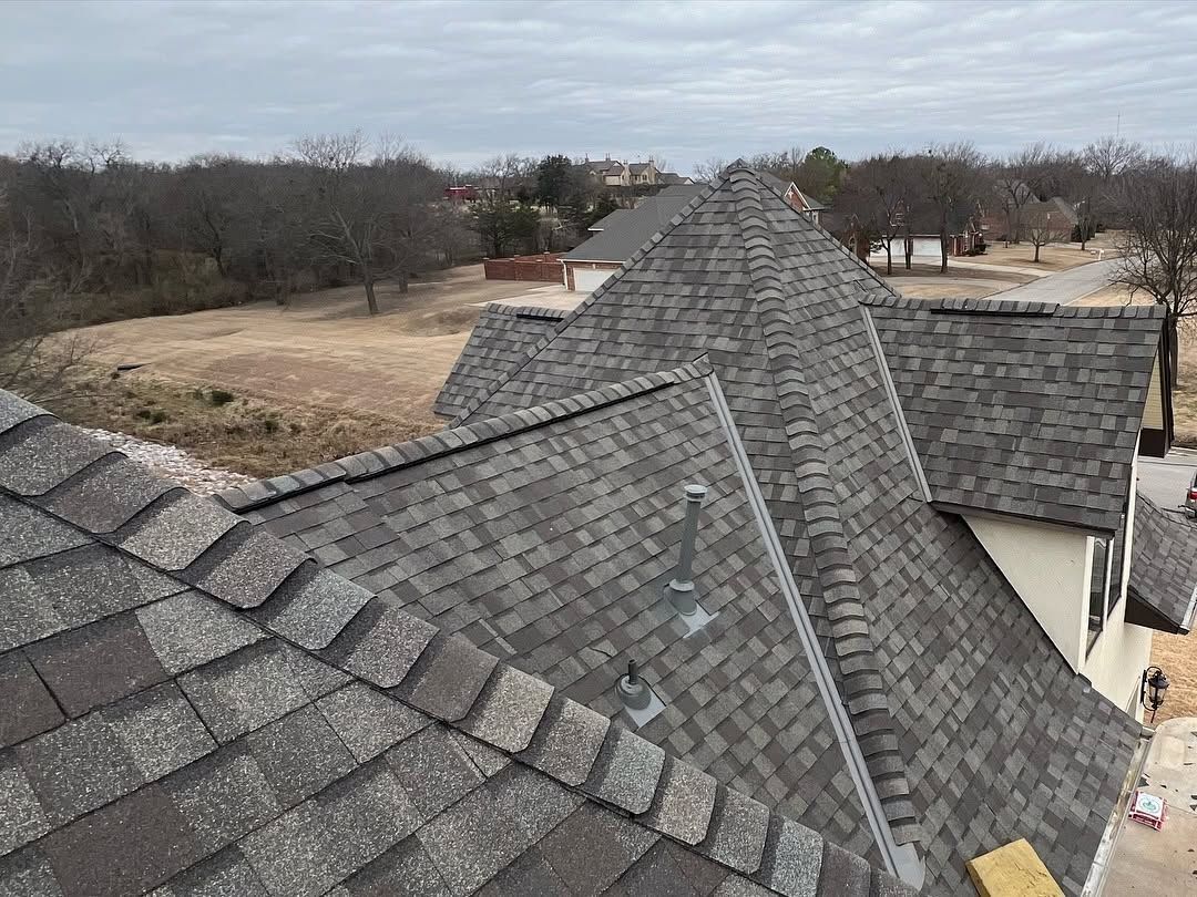 View from a shingled roof over a suburban neighborhood and leafless trees under a cloudy sky