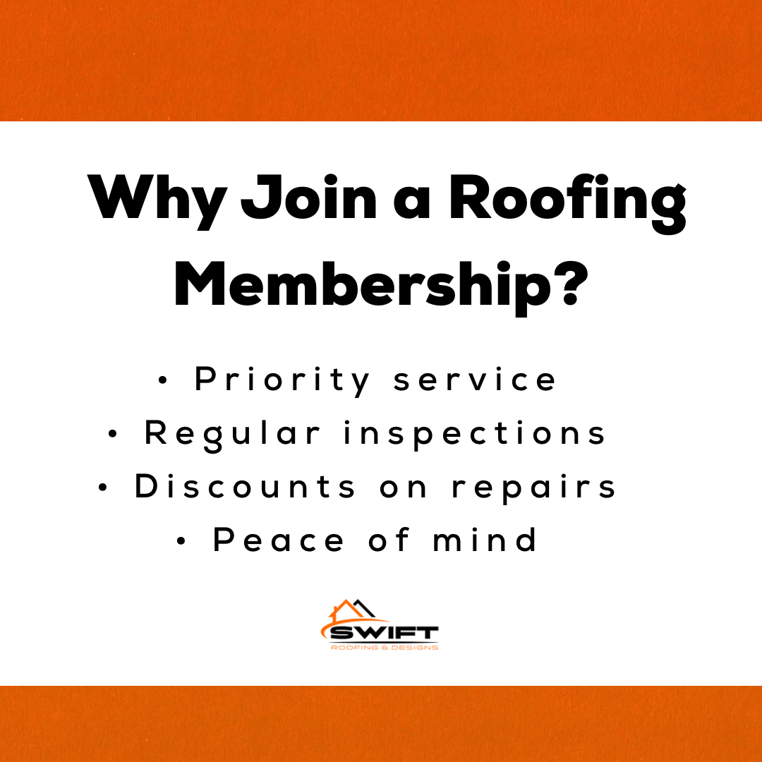 Ad promoting a roofing membership with benefits listed: priority service, inspections, repair discounts, and peace of mind. Ad promoting a roofing membership with benefits listed: priority service, inspections, repair discounts, and peace of mind.