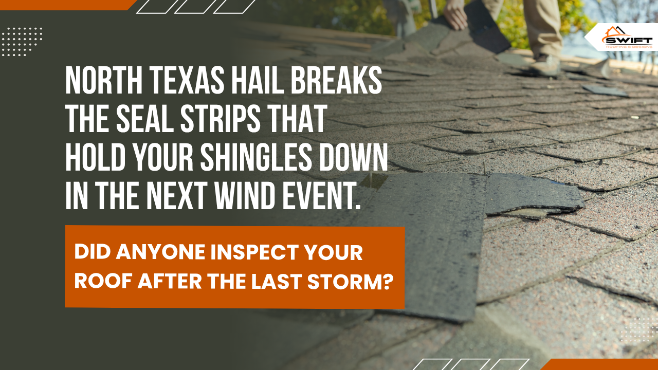 Damaged roof shingles with warning text about storm damage and roof inspection after the last storm