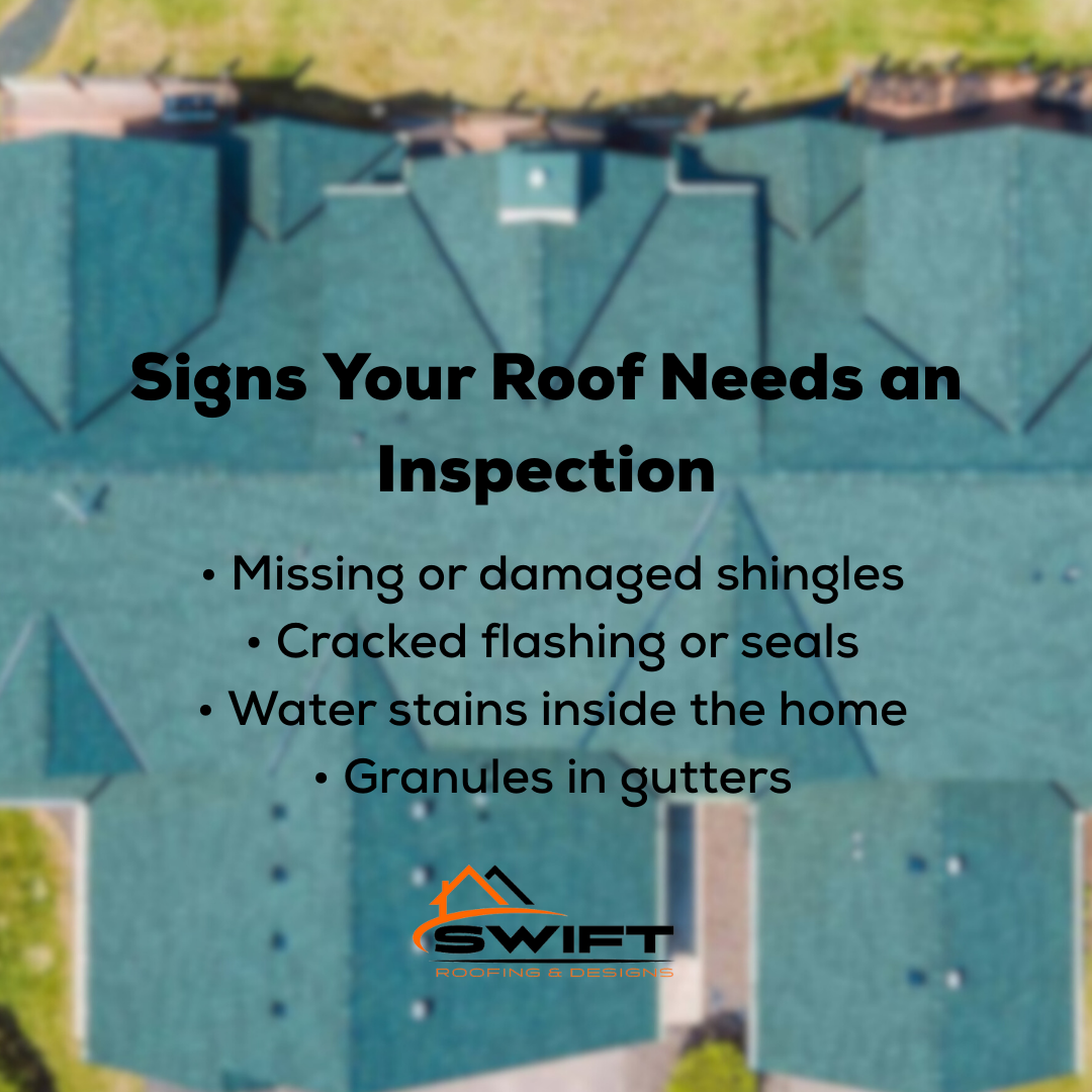 Image highlighting signs of roof damage, including missing shingles, cracks, water stains, and granules in gutters.