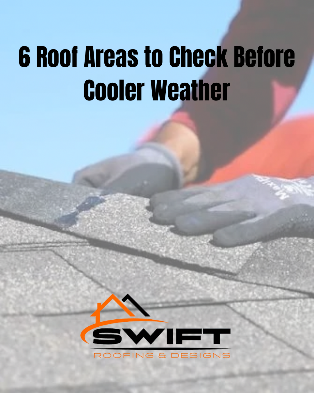 Roof inspection ad with gloved hands on gray shingles and text, “6 Roof Areas to Check Before Cooler Weather.”