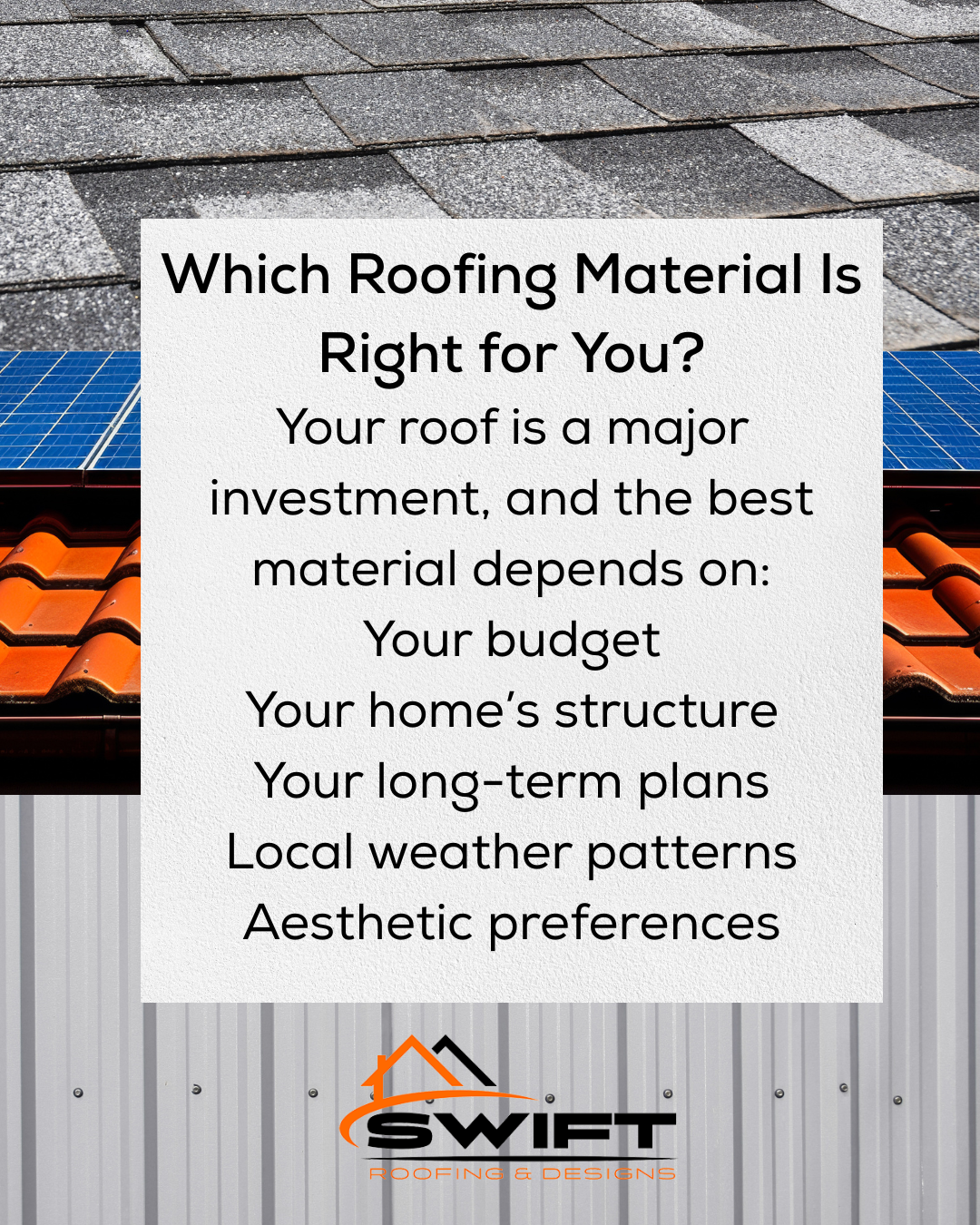 Roofing ad with shingle samples and text: “Which Roofing Material Is Right For You?”