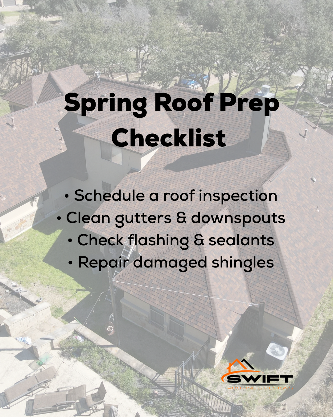 Spring roof prep checklist over a house, including inspection, gutter cleaning, flashing, and shingle repair.