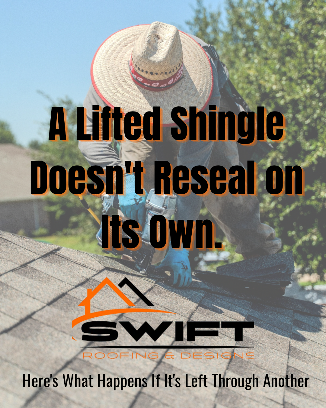 Aerial view of a roof with orange text: “Your Roof Looks Fine From the Driveway. That’s Not the Same as Fine.”