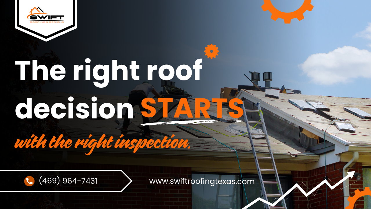 Roofing ad with worker inspecting a shingled roof under a blue sky and bold orange text: “The right roof decision STARTS”