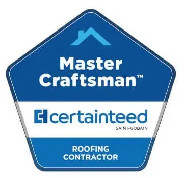 Blue pentagon logo for CertainTeed Master Craftsman roofing contractor.