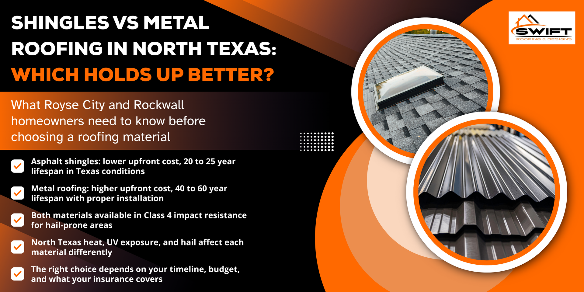 Shingles vs metal roofing in North Texas infographic with orange roof sample photos and comparison points
