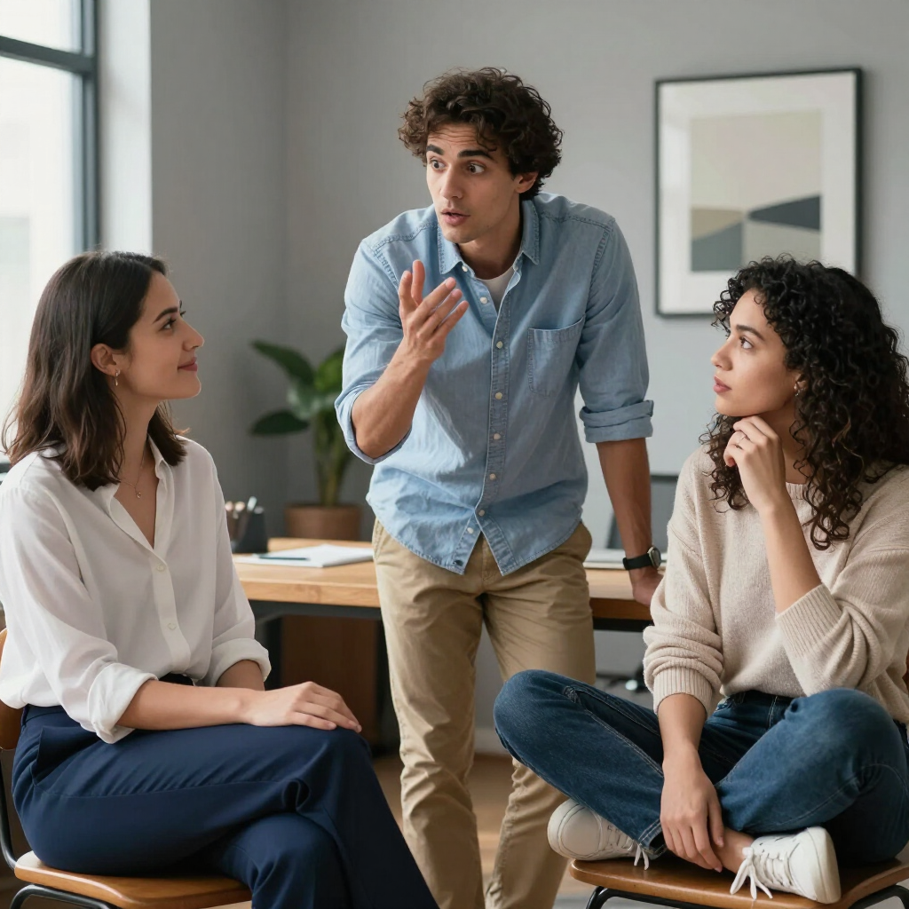 Three coworkers in a bright office meeting, one standing and speaking while two sit and listen attentively