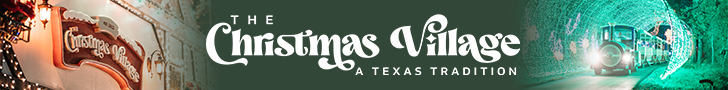 Christmas Village holiday banner with a glowing Santa scene, decorated tree, and festive red-and-green lights
