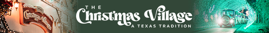 Christmas Village holiday banner with a glowing Santa scene, decorated tree, and festive red-and-green lights