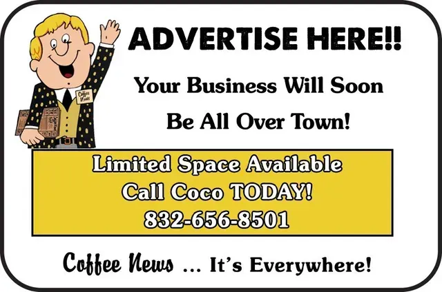 Cartoon ad banner: “Advertise here!” with a waving figure, yellow coupon box, and phone number 832-656-8501.