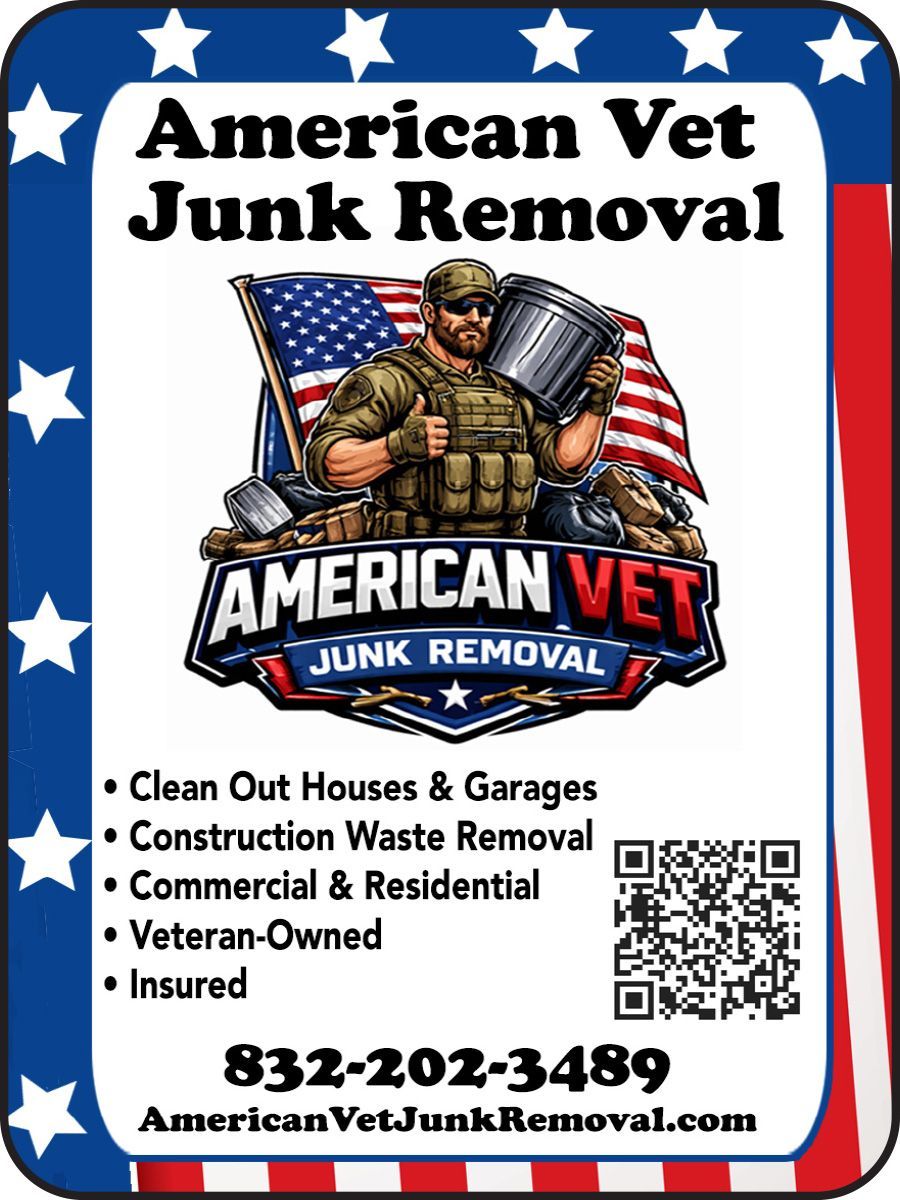 American Vet Junk Removal logo with patriotic soldier, stars, services list, QR code, and phone number 832-202-3489
