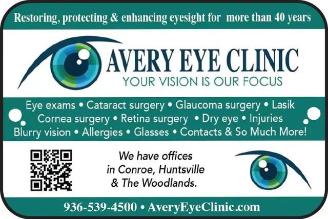 Avery Eye Clinic banner ad with logo, eye services, locations, QR code, and website on teal and white background