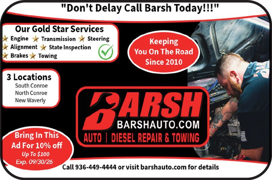 Barsh Auto Diesel Repair & Towing ad with red-black logo, services, locations, and tow truck photo