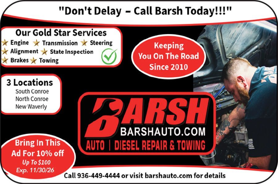 Barsh Auto Diesel Repair & Towing ad with services, 3 locations, and 10% off offer on white and red background