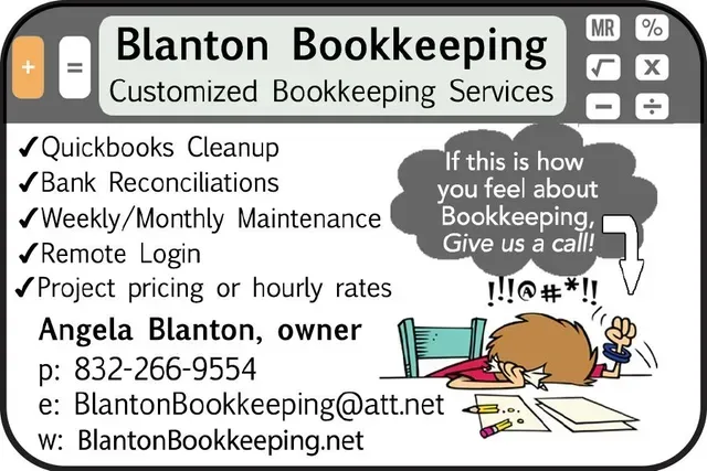 Blanton Bookkeeping business card with services list, contact info, and cartoon person at desk saying “If this is how you feel about Bookkeeping…”