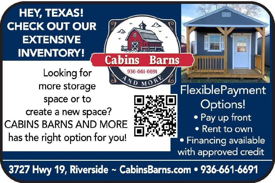 Cabins Barns ad with blue shed, payment options, QR code, and contact info for Riverside, Texas