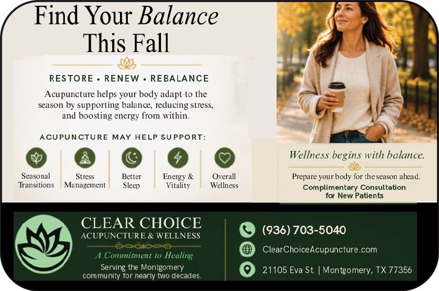 Acupuncture clinic ad with woman holding tea, green logo, and contact details on a beige background
