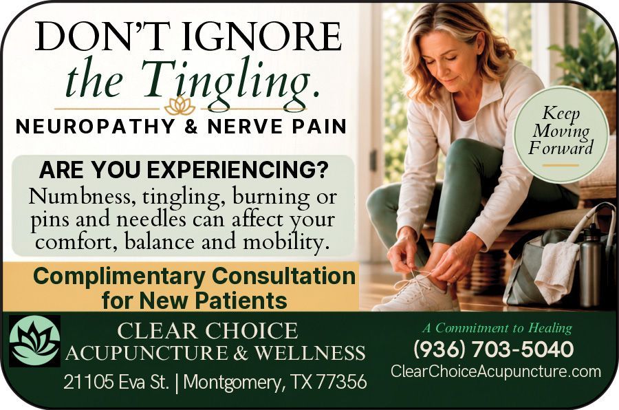Acupuncture clinic ad with woman holding tea, green logo, and contact details on a beige background
