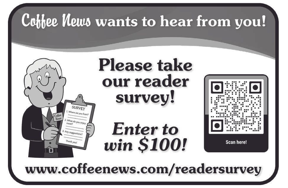 Coffee News reader survey ad with cartoon man, QR code, and offer to win $100.
